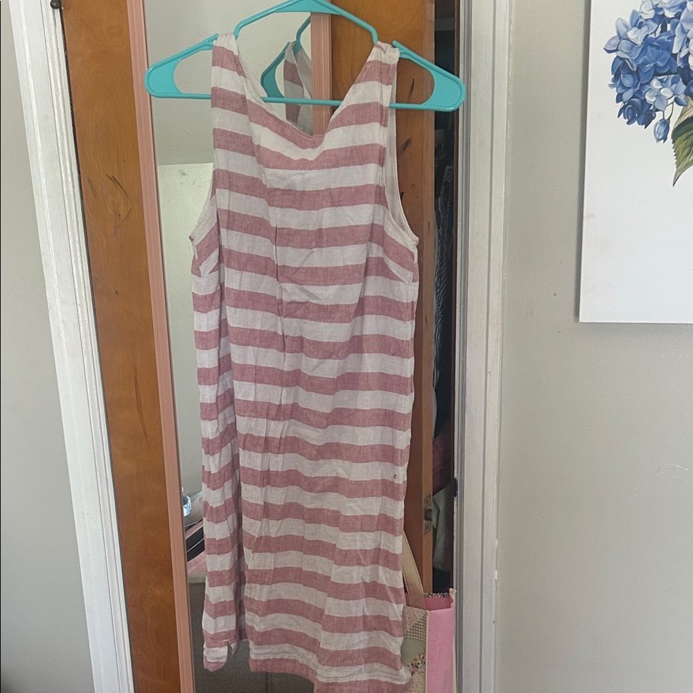 Ladies’ Sleeveless Linen Striped Pink and White Cotton Dress